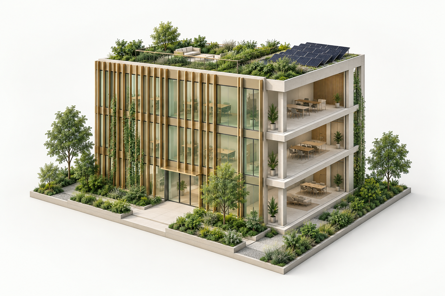 Illustrative architectural cutaway render with shading fins, open floor plates, rooftop planting and solar panels